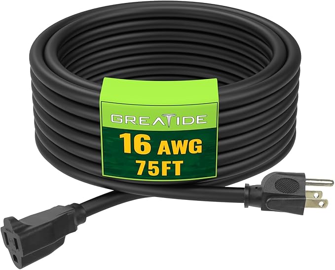 Indoor Outdoor Extension Cord 75 FT, 16/3 SJTW Weatherproof Black Electrical Cords, 10 AMP Heavy Duty 3 Prong Power Cable Great for Garden, Landscaping & Holiday Decorations