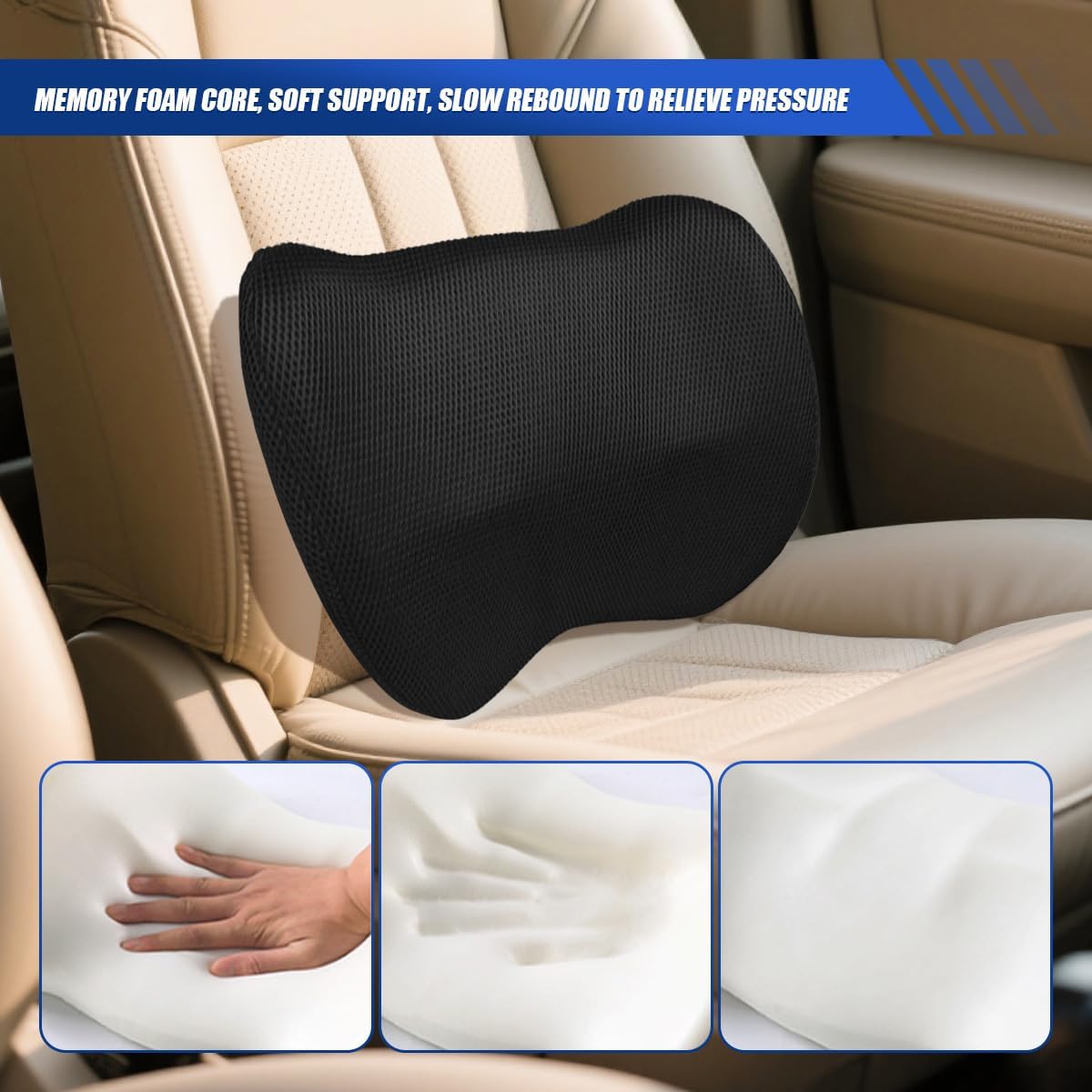 Car Lumbar Support Pillow, Breathable Memory Foam Car Seat Back Cushion for Comfortable Driving, Universal Auto Interior Rest Pillow for Home, Office, Wheelchair (Black)