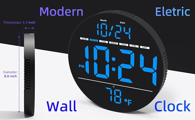 Digital Wall Clock with Large LED Display, Temperature, Auto-Brightness | Small