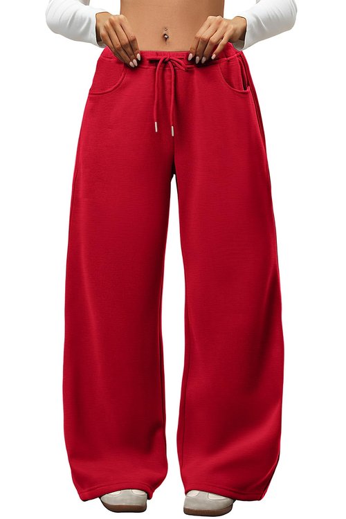 ELLEVEN Womens Wide Leg Fleece Lined Baggy Sweatpants Low Rise Elastic Waist Pockets Cotton Warm Lounge Thermal Pants Winter Fall Autumn 2026 Pants Mujer Athletic Gym Yoga Red Large