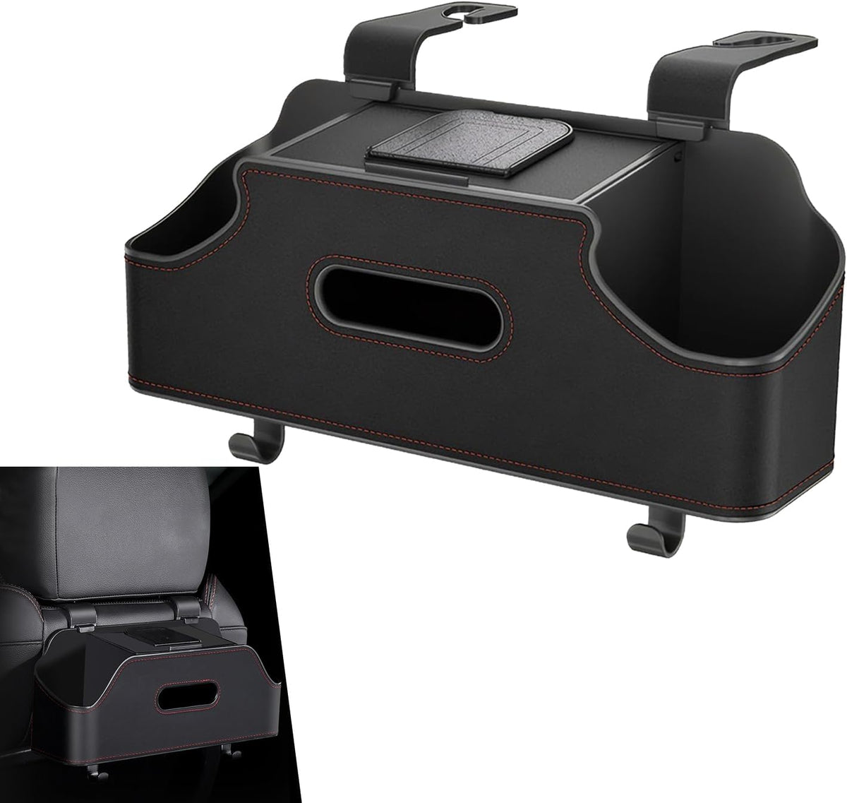 Car Seatback Organizer with Cup Holder, Leather Headseat Tissue Box and Storage Box, Multifunction Auto Rear-mounted Mobile Phone Holder, for Most Cars (Brown)