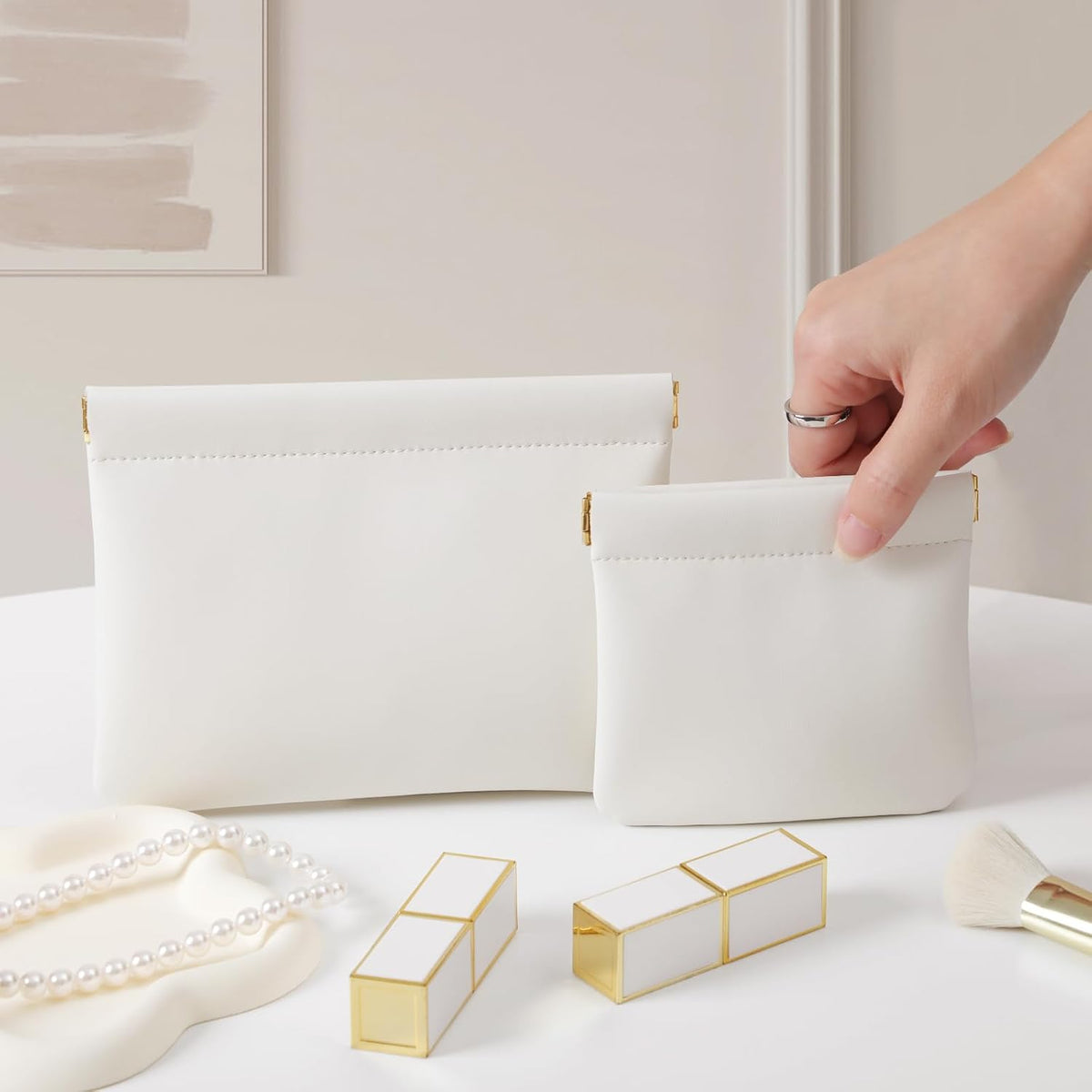 2 Pack Small Makeup Bag for Purse, Cosmetic Travel Pouch, Cream
