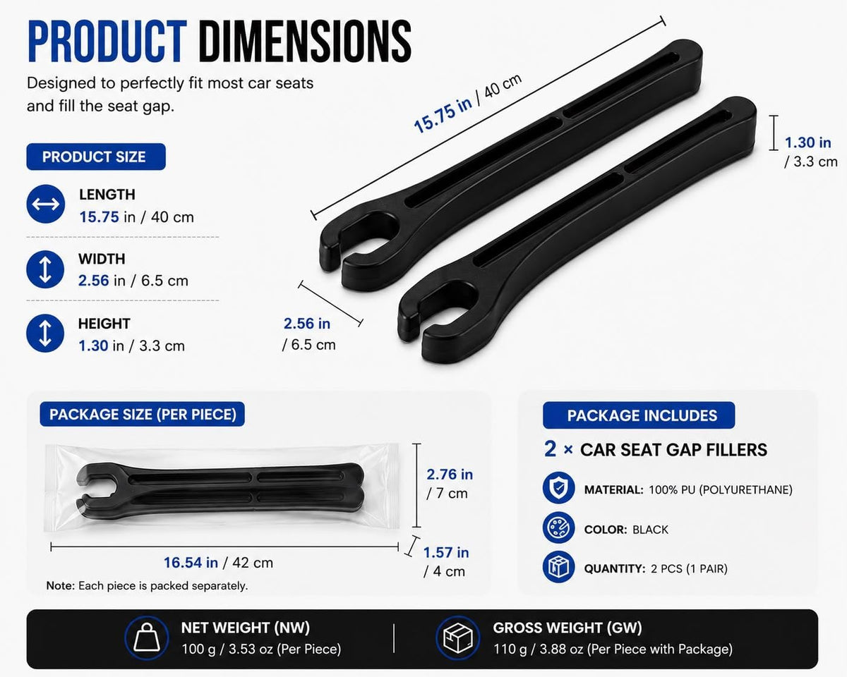Car Seat Gap Filler 2 PCS, Durable PU Seat Gap Organizer, Prevents Phones, Keys, Coins & Cards from Falling Between Seats, Universal Fit for Cars, SUVs & Trucks