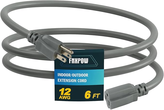Indoor Outdoor Extension Cord, 12 Gauge 3 Prong Weatherproof Heavy Duty Gray Extension Cords, 12/3 SJTW 15A 6 FT Extension Cable for Garage, Garden and Home, UL Listed