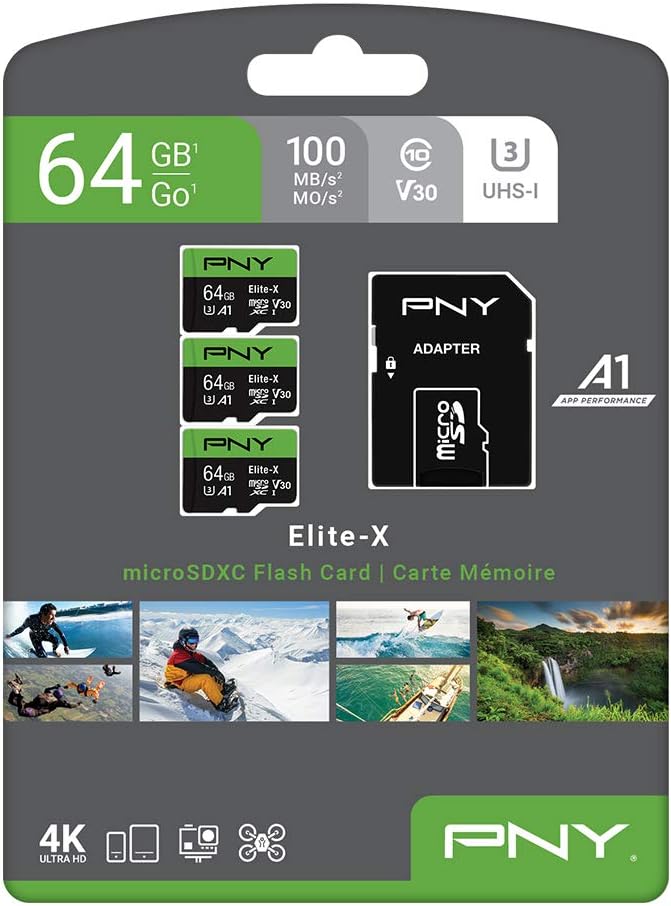 PNY 64GB Elite-X Class 10 U3 V30 microSDXC Flash Memory Card, Class 10