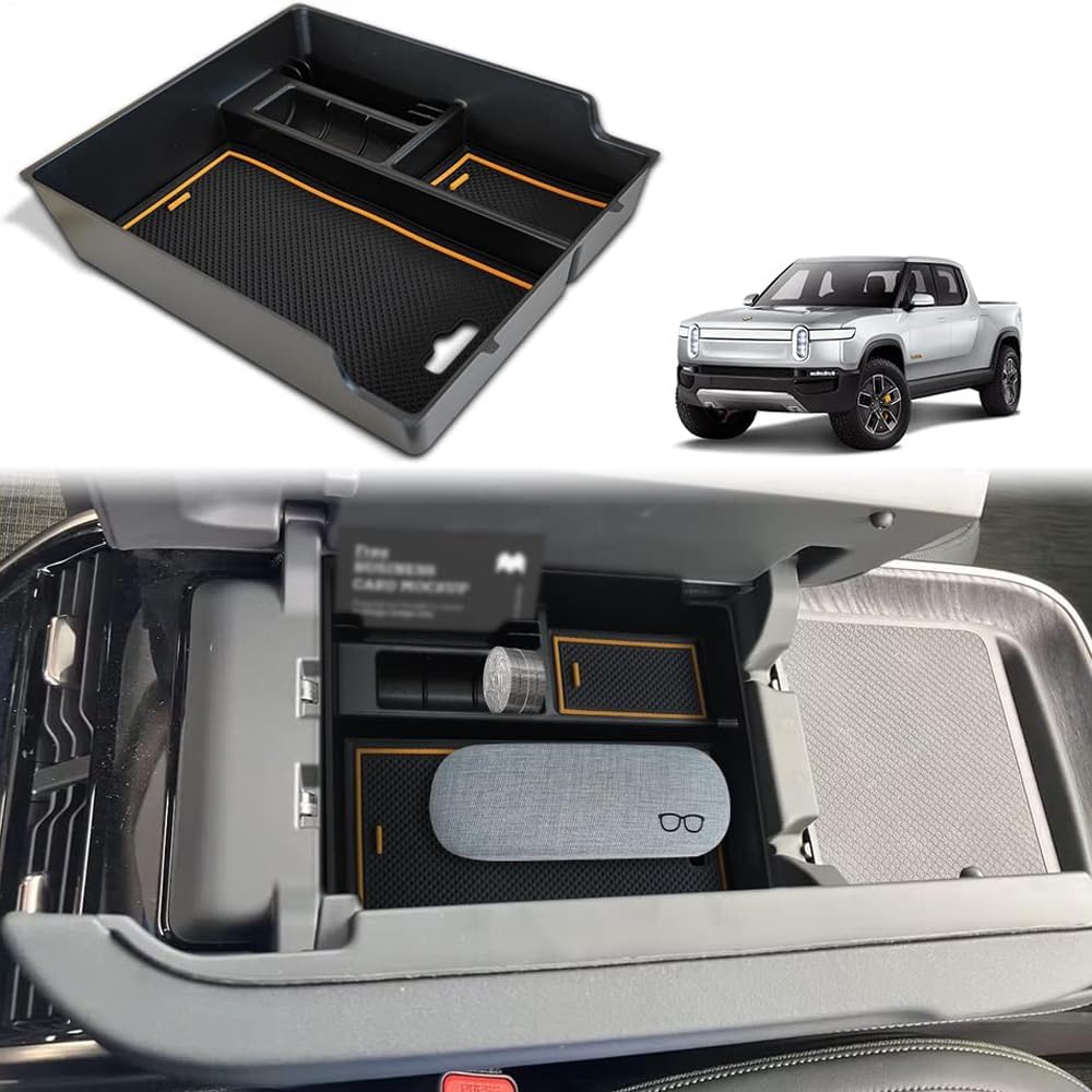BestEvMod for Rivian R1T & Rivian R1S Accessories Center Console Organizer Tray Armrest Storage Box ABS Material with PVC Trim Compatible with Rivian R1T/R1S 2022 2023 2024 2025 Accessories(V2 Black)