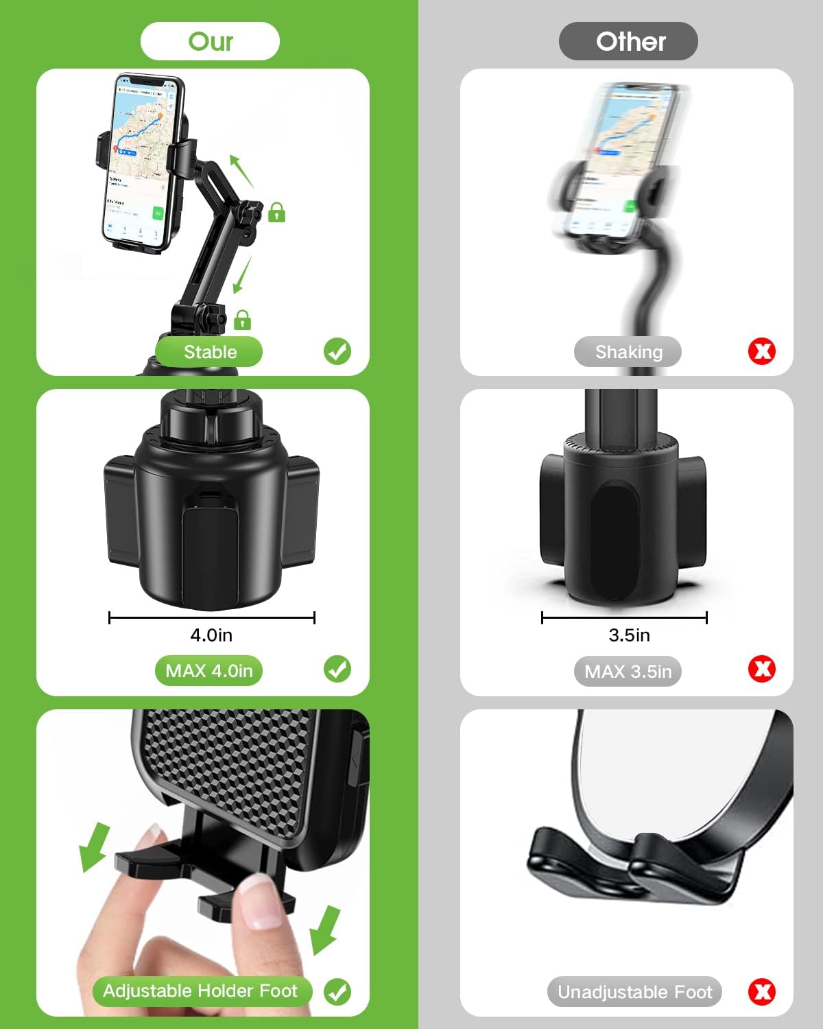 Cup Phone Holder for Car, No Shaking Car Phone Mount with Expandable Base