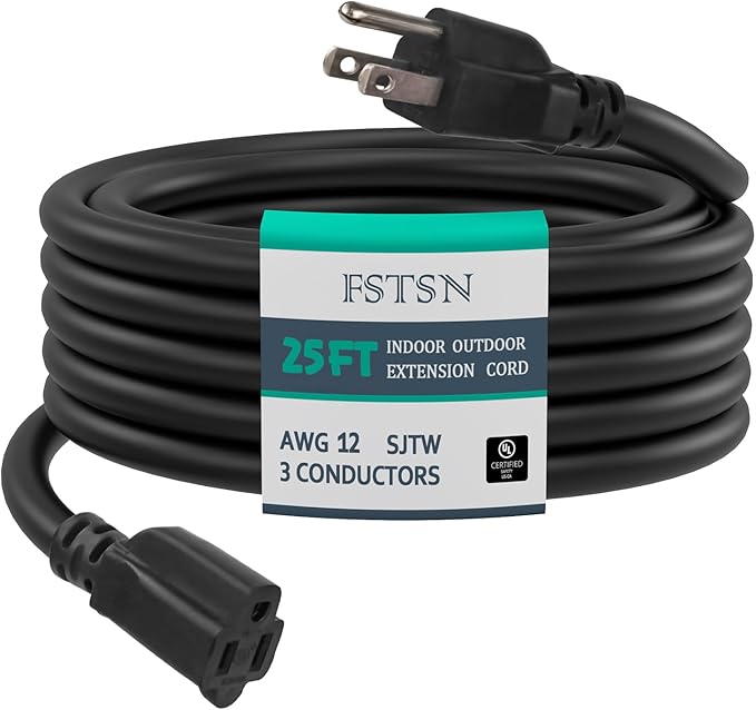 25 FT Outdoor Heavy Duty Extension Cord - 12/3 SJTW 15 AMP Indoor Power Cord with 3 Prong Grounded Plug for Lawn Mower, Appliances, Workshop, Lights Water Resistant Flexible Cable Black.