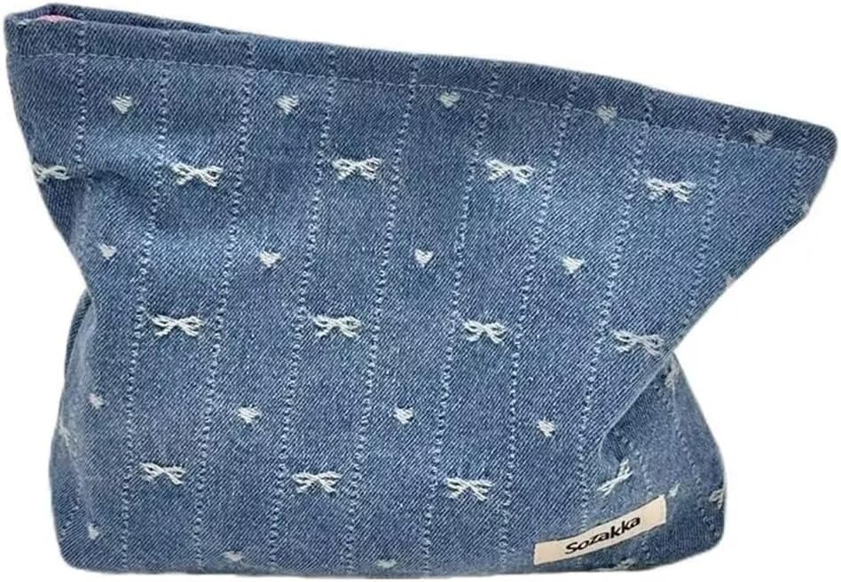 SxoSyo Denim Makeup Bags for Women, Canvas Cosmetic Pouch Large Purse, Blue