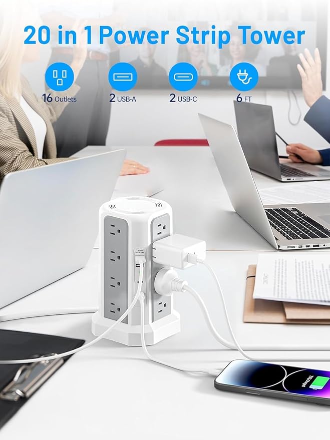 Surge Protector Power Strip with PD20W USB C,13A Thicker Extension Cord with Multiple Outlets 6FT Fararaka Tower Power Strip with USB Ports 2A2C,16AC,Office Supplies Dorm Essentials