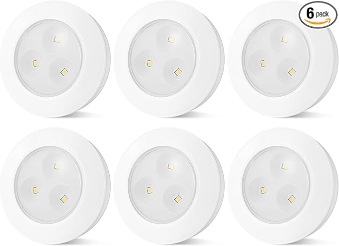 Wireless LED Puck Lights, Touch Activated Tap Ligh Push Light, Battery Operated Stick On Lights for Under Cabinet, Kitchen, Closet & Counters, 6-Pack, White