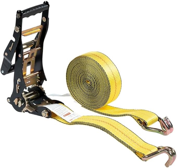 Mytee Products 2 Pack 2"x27' Yellow Ratchet Strap with J Hooks- 10,000 Lbs Breaking Strength -Heavy Duty Tie Down Large Bar Handle and Cargo Straps with Wire Hooks for Flatbed, Truck, Trailers Pickup