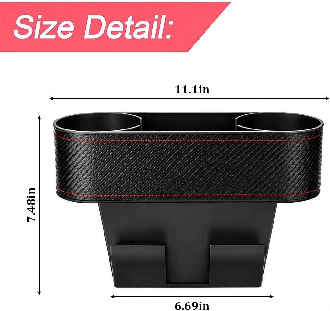 Car Seat Gap Filler Organizer, Vehicle Front Seat Side Storage Pocket with Cup Holder, Automotive Center Console Seam Filler Storage Box Accessories, Universal Fit (Carbon Fiber Black Red)