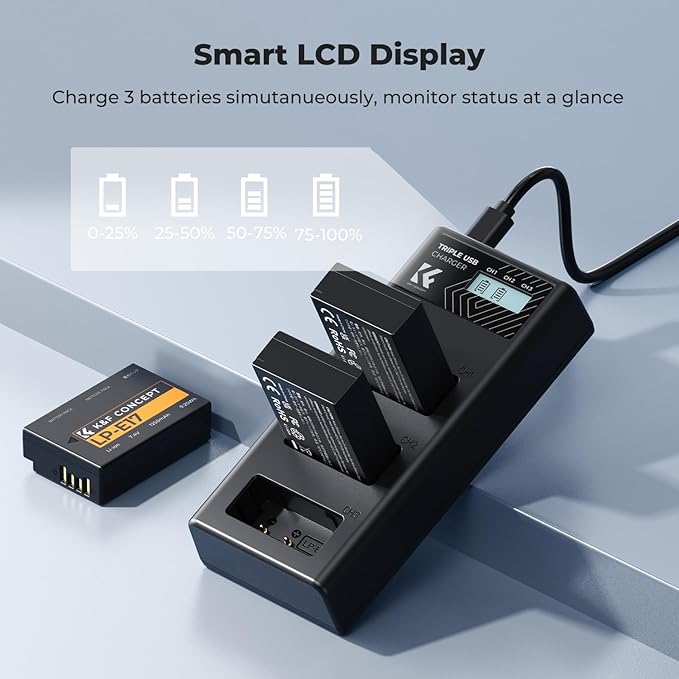 K&F CONCEPT 3-Pack LP-E17 Battery and Upgraded 3-Slot LCD Charger Compatible