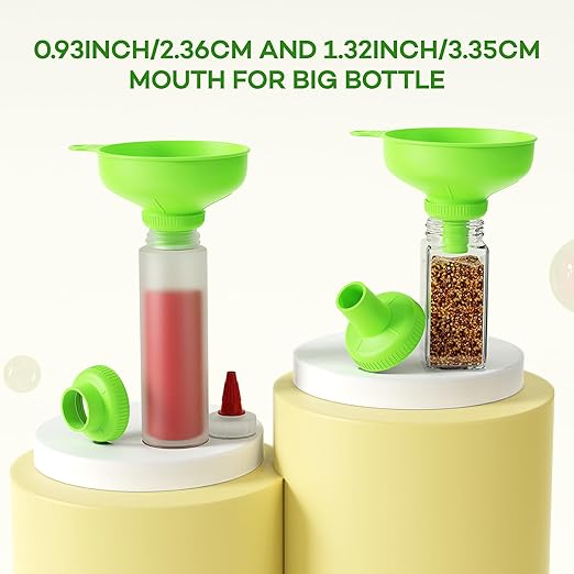 Pisol Wide Mouth Versatile Funnel, Canning Funnels for Kitchen Use, Food Grade Plastic Cooking Funnel Set with 4 Size Spouts and 2 Strainers for Filling Different Bottles and Bags, Green