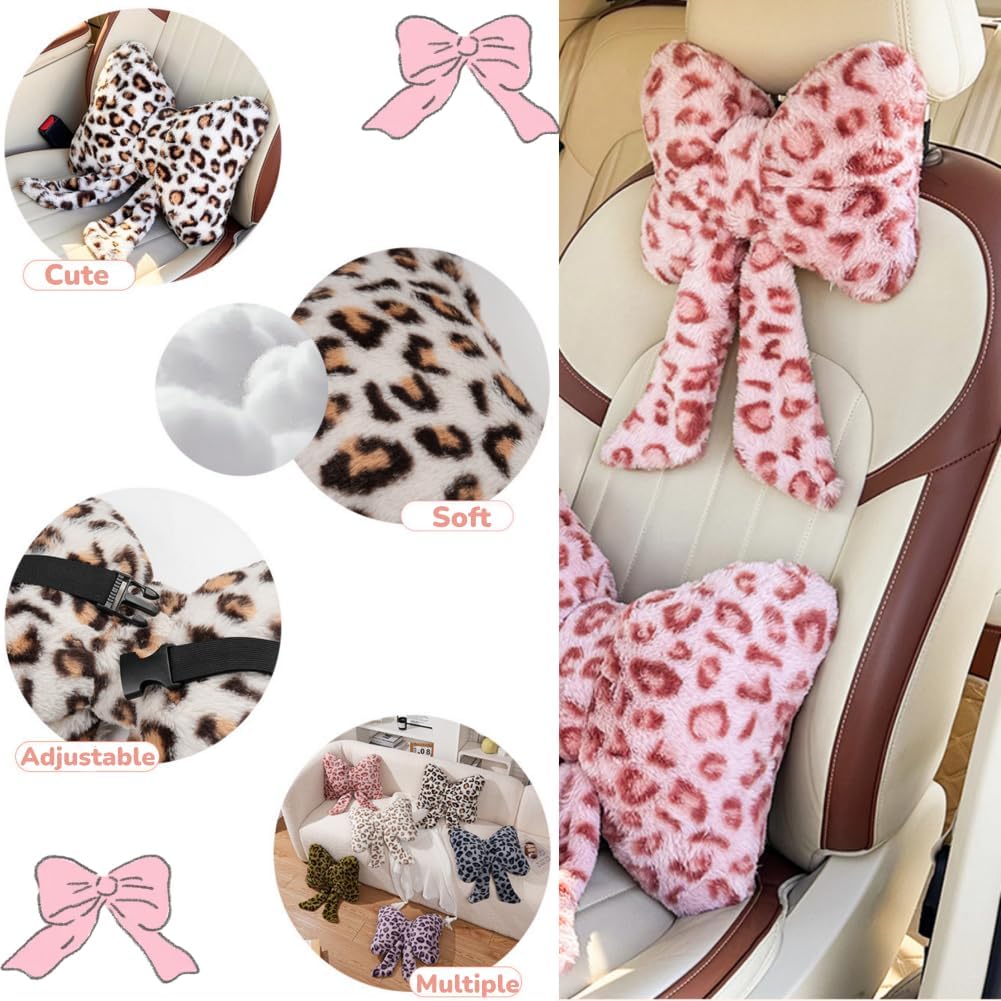 LYFJMUS 4 Pack Plush Bow Car Headrest Pillow and Lumbar Support Pillow Soft Butterfly Car Neck Pillows for Driving Cars Decor (White Leopard)