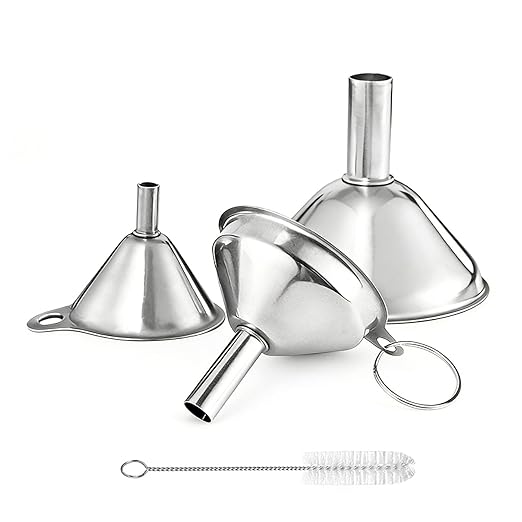 Small Funnels for Filling Bottles, 3 Pcs Stainless Steel Kitchen Funnel Set, Food Grade Mini Metal Funnel for Transferring Oil Liquid, Easy Cleaning with a Brush (Short Handle)