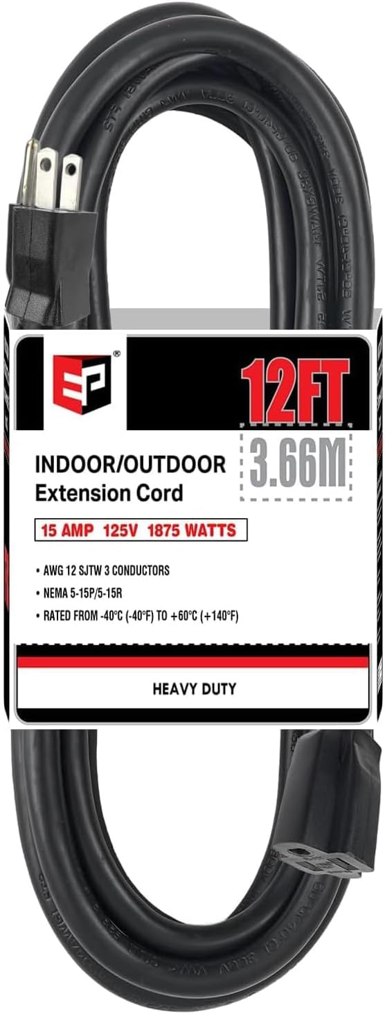 EP 12/3 12 FT Indoor Outdoor Black Extension Cord Waterproof, 12 Gauge 3 Prong Power Cord Flexible Resistant Appliance Extension Cable Electric Cable Outside, 15A 1875W 12AWG SJTW, ETL Listed