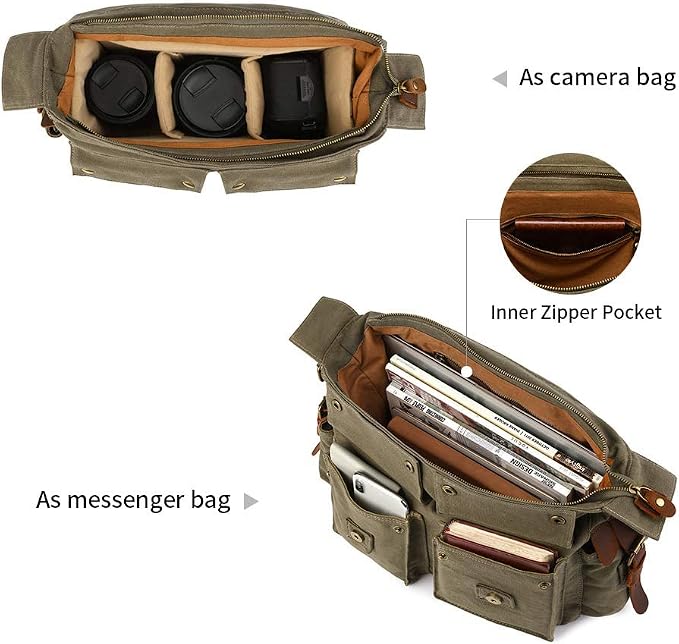 Kattee Leather Canvas Camera Bag Vintage DSLR SLR Messenger Shoulder Bag