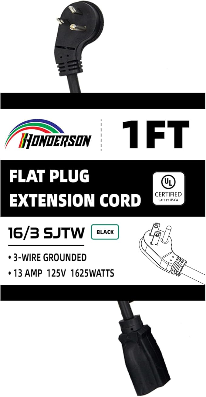 Flat Plug Indoor Extension Cord, UL Certified, 16 Gauge 1FT Black 3 Prong Heavy Duty, 16/3 SJTW 13A Power Cord for Lights, Appliances, Home
