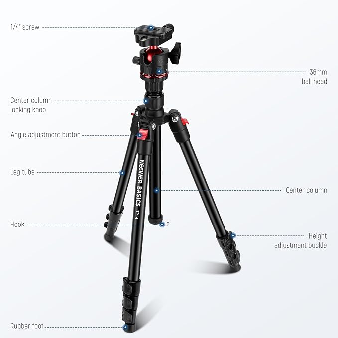 NEEWER Basics Travel Tripod for Camera, Ball Head, Arca Type QR Plate, Cell