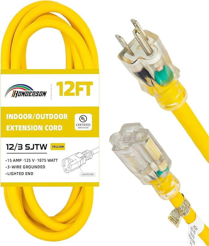 Indoor Outdoor Extension Cord Weatherproof with Lighted End, UL Certified, 12 Gauge 12FT Yellow 3 Prong Heavy Duty, 12/3 SJTW 15A Power Cord for Outdoor Lights, Lawn