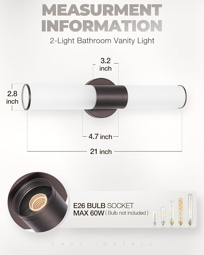 2-Light Bathroom Vanity Lighting Fixture, Oil Rubbed Bronze Wall Sconce with Opal White Glass, E26 Stocket Indoor Wall Lamp, Modern Mirror Light. 2 Pack