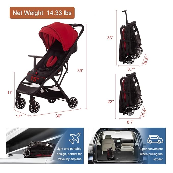 COOL KIDS Portable Stroller with Automatic Fold，Lightweight Umbrella Stroller with Pop Out Sun Canopy，Compact Stroller for Travel(red)