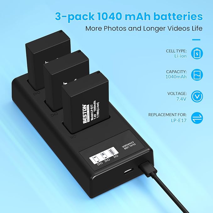 BESTON 3-Pack LP-E17 Battery and Charger Set