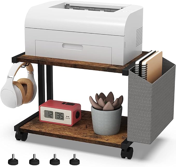 VEDECASA 2 Tier Rustic Brown Wooden Under Desk Printer Stand