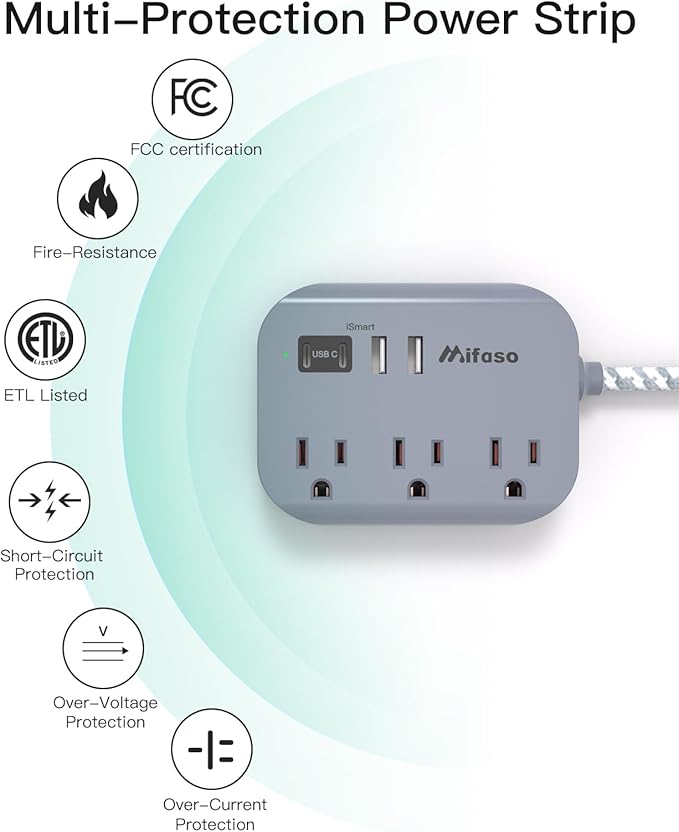 Cruise Ship Essentials - 5Ft Flat Extension Cord with Multiple Outlets, Power Strip USB Charging Station with Non Surge Protector for Cruise Ship, Travel, Dorm Room Essentials, Grey