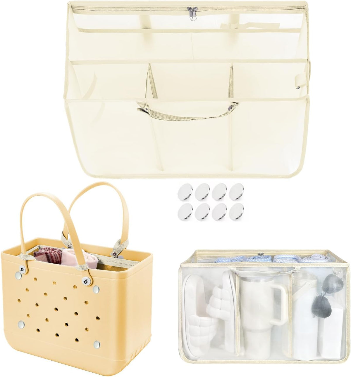 XYFuuee Beach Bag Organizer - Lightweight Mesh Insert with 8 Removable Fasteners | Khaki Medium Bogg Bag Accessory
