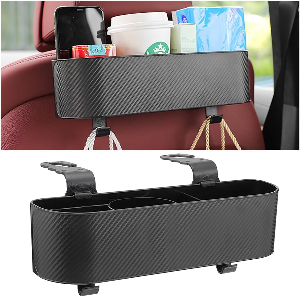 BELOMI 2PCS Car Headrest Backseat Organizer with Cup Holder, Seat Back Hanging Storage Box with Hooks, Multi-Functional Drink Pocket Food Snack Phone Tray for Kids, Car Travel Accessories（Black/2PCS）