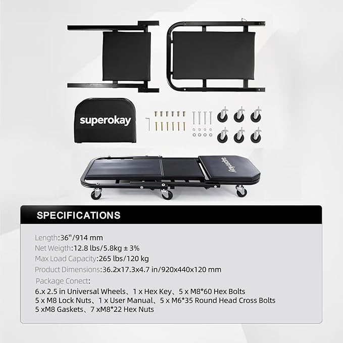 superokay 2-in-1 Folding Creeper Seat, 36-Inch Professional Mechanic Cart with 6 Casters, 300 lbs Capacity Rolling Creeper for Garage & Shop, Foldable Z Creeper Seat with Tool Tray