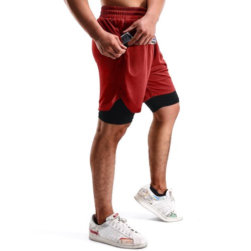 FIONECA 2 in 1 Mens Shorts Casual 2 Pack, Running Gym Shorts for Men 7 Inch, Workout Shorts Men with Pockets &Towel Loop -(Black&Red,XL)