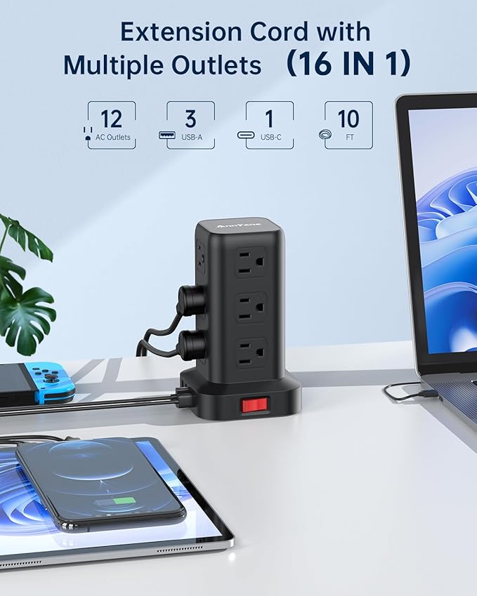 AnnTane Surge Protector Power Strip 10 FT Cord, Power Strip Tower with 4 USB Ports (1USB C), Extension Cord with 12 AC Multiple Outlets, Home Office Supplies Desk Accessories, Dorm Room Essentials
