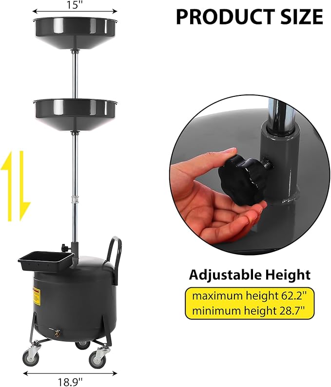 20 Gallon Oil Drain Tank, Fluid Fuel Transfer Tank, Portable Oil Drain Container, Air Operated Drainer with Wheels and a Toolbox, Adjustable Funnel Height (8 Gallon-Black)