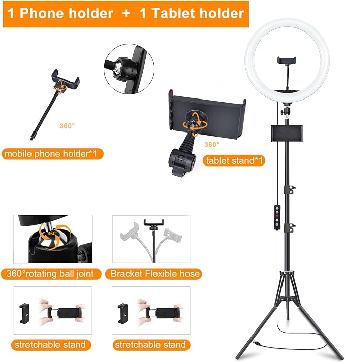 13" Selfie Ring Light with Stand 76" Tall & Phone Holders, Sunset Lamp