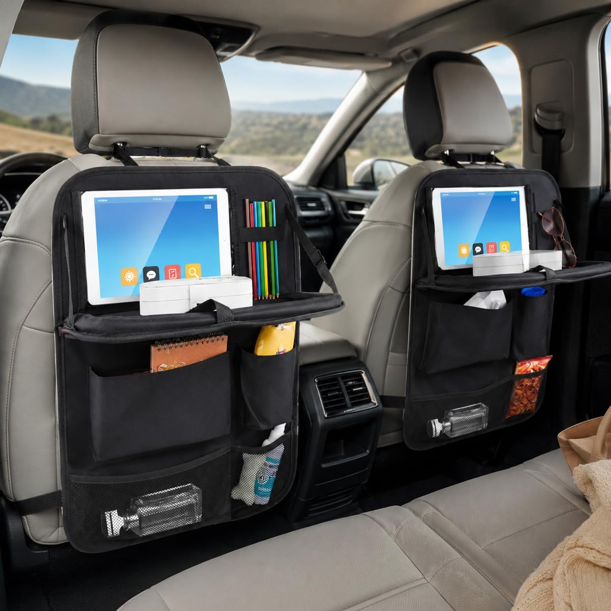 2 PCS Car Backseat Organizer with Tablet Holder, 5 Storage Pockets Auto Seat Back Protector w/Food Tray, Multifunctional Backseat Cover Storage Organizer for Most Vehicles