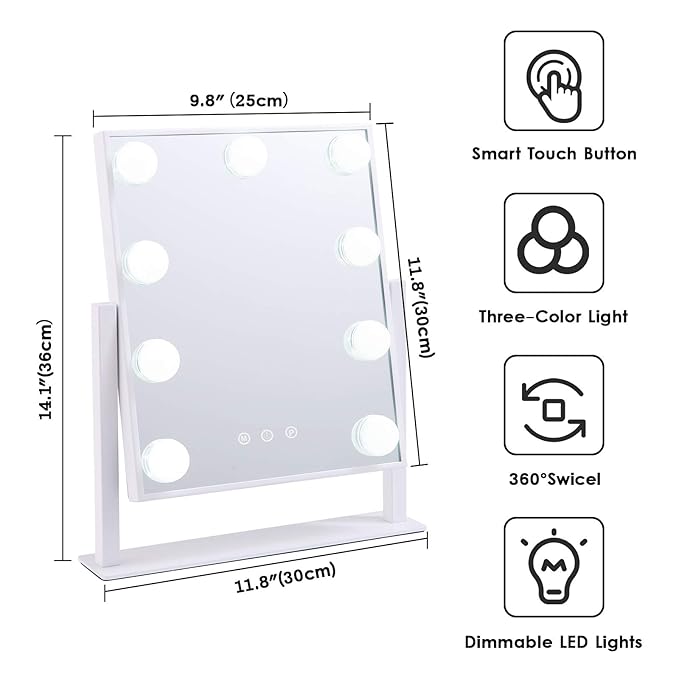 Lighted Makeup Mirror Hollywood Mirror Vanity Mirror with Lights, Touch Control Design 3 Colors Dimable LED Bulbs, Detachable 10X Magnification, 360°Rotation, (White) 12" L x 14" W