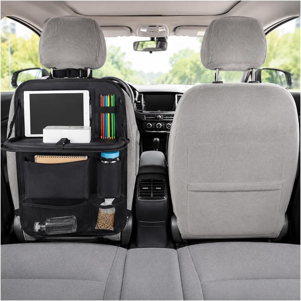 2 PCS Car Backseat Organizer with Tablet Holder, 5 Storage Pockets Auto Seat Back Protector w/Food Tray, Multifunctional Backseat Cover Storage Organizer for Most Vehicles