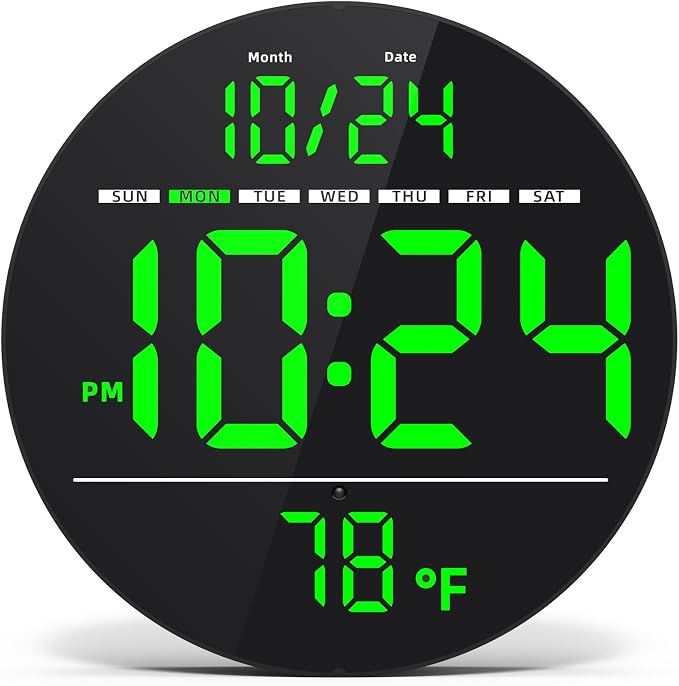 Digital Wall Clock with Large LED Display, Temperature, Auto-Brightness | Small