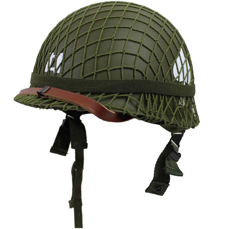 WWII US WW2 Army M1 Steel Pot Helmet Replica - Military Gear Uniform with Net Cover, Chin Strap, Cat Eye Belt