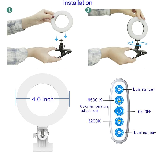 Selfila Ring Light 5 Inch USB Portable, 3200K-6500K Dimmable LED Clip on