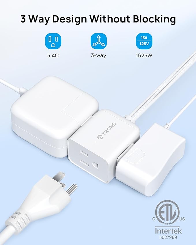 TROND Flat Extension Cord 15ft - Left Angled Flat Plug Power Strip, ETL Listed, 3 Plug Extension Outlets, Three Prong, SPT 16/3 Gauge, 13A, Compact for Tight Spaces Indoor Home Office Kitchen, White