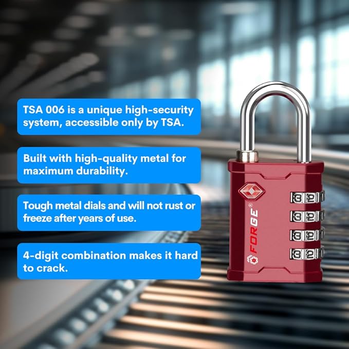 FORGE 4 Digit 17067 TSA Approved Gun Box, Tool Box and Case Lock, Combination Padlock for Travel, RED 1 Lock.