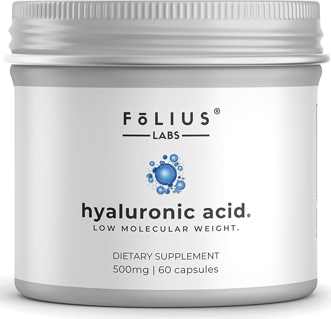 Ultra High Purity Hyaluronic Acid Capsules 500mg - 95% Sodium Hyaluronate - Highly Purified and Bioavailable - Low Molecular Weight - Non-GMO Fermented - 60 Capsules