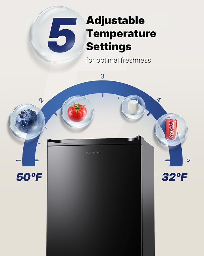 Upstreman 3.2 Cu.Ft Mini Fridge with Freezer, Black-BR321 | Adjustable Thermostat, Energy Saving, Low Noise, Reversible Door, Small Refrigerator for Dorm, Bedroom, Office
