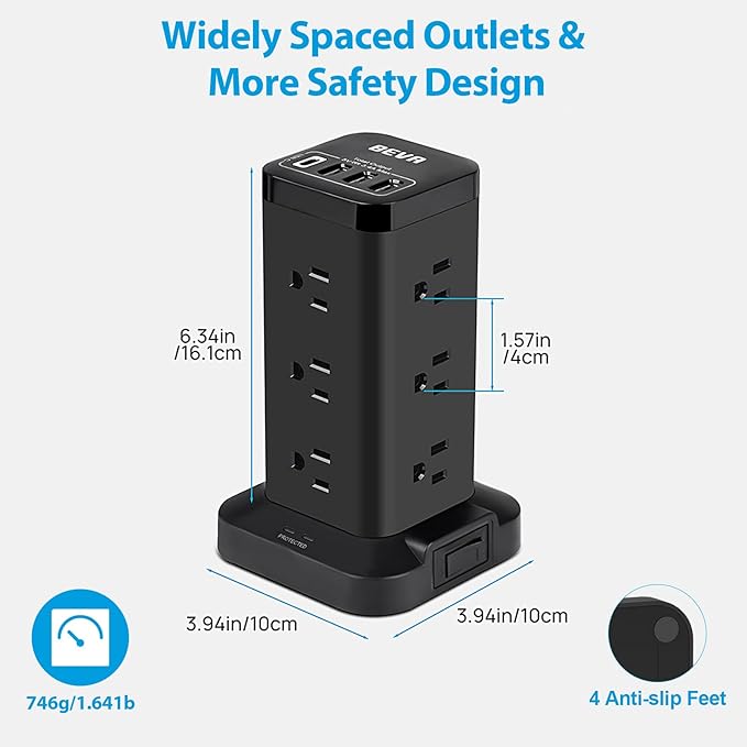 BEVA Power Strip Tower with USB Ports, Surge Protector with USB Ports, 12 AC and 4 USB Ports, 10 FT Extension Cord with Power Surge Tower, Office Supplies Office Organization Dorm Room Essentials