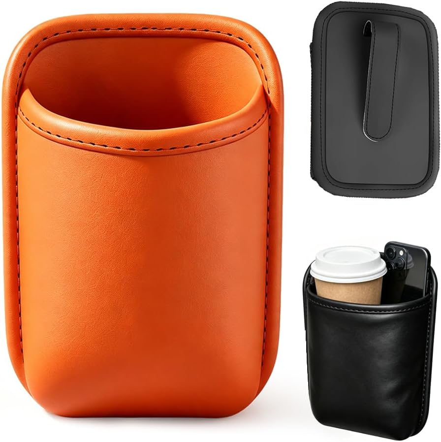 Car Door Cup Holder, Leather Clip On Drink Cup Holder for Back Seat，Orange S：2